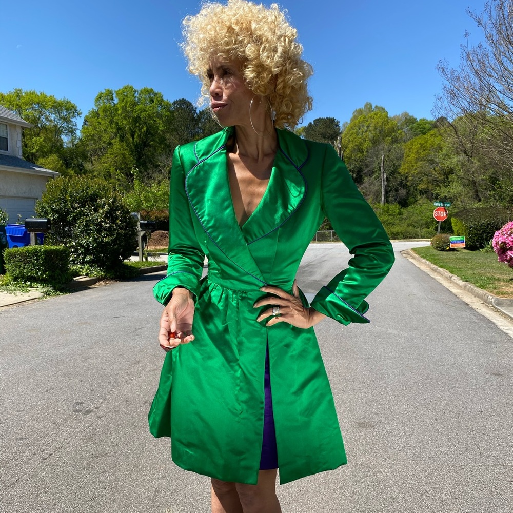 Vtg Bob Mackie satin coat dress tuxedo green XS - Picture 4 of 11